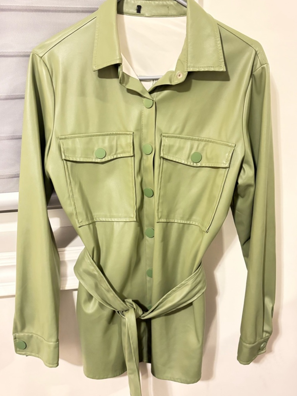 Light Green Faux Leather Button-Up Jacket with Waist Tie